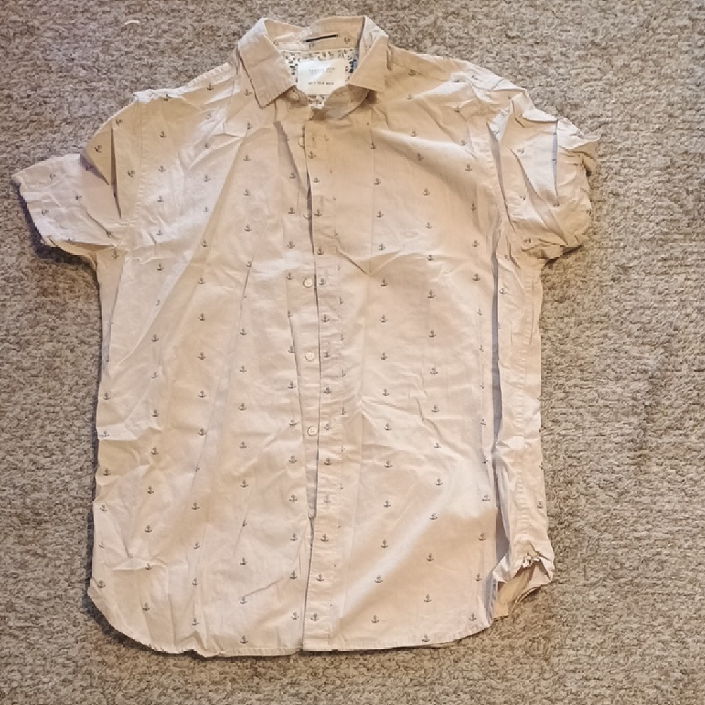 Men's Short-Sleeve Button-Up Shirt - Light Tan Anchor Print